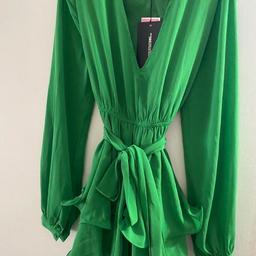green frill plunge mini dress size 12 PLt new with tags