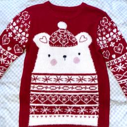 Red and white patterned xmas jumper with a bear design
Very cosy and warm
It also sings a Christmas song when you press the top of the hat!
Size small/8
Only been worn once so still in great condition
Think it’s from Next
