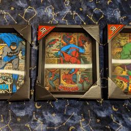 3x marvel lenticular comic panel pictures. Includes batman and robin, Spiderman and the hulk. Minor damage to outer box but frames and pictures as as when bought. Will consider splitting. Collection or delivery at buyers cost. Offers accepted on multiple items.