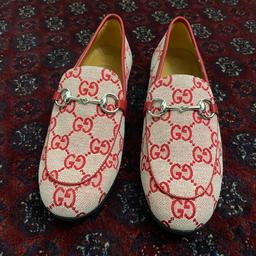 Hi I have a beautifully crafted pair of Gucci red GG printed monogram loafers for children size 1 uk by luxury designer brand, Gucci. The loafers have a stylish design with a silver metal horsebit attached to the front. Price in  store £230

Note: It’s collection only from London Victoria SW1W See less