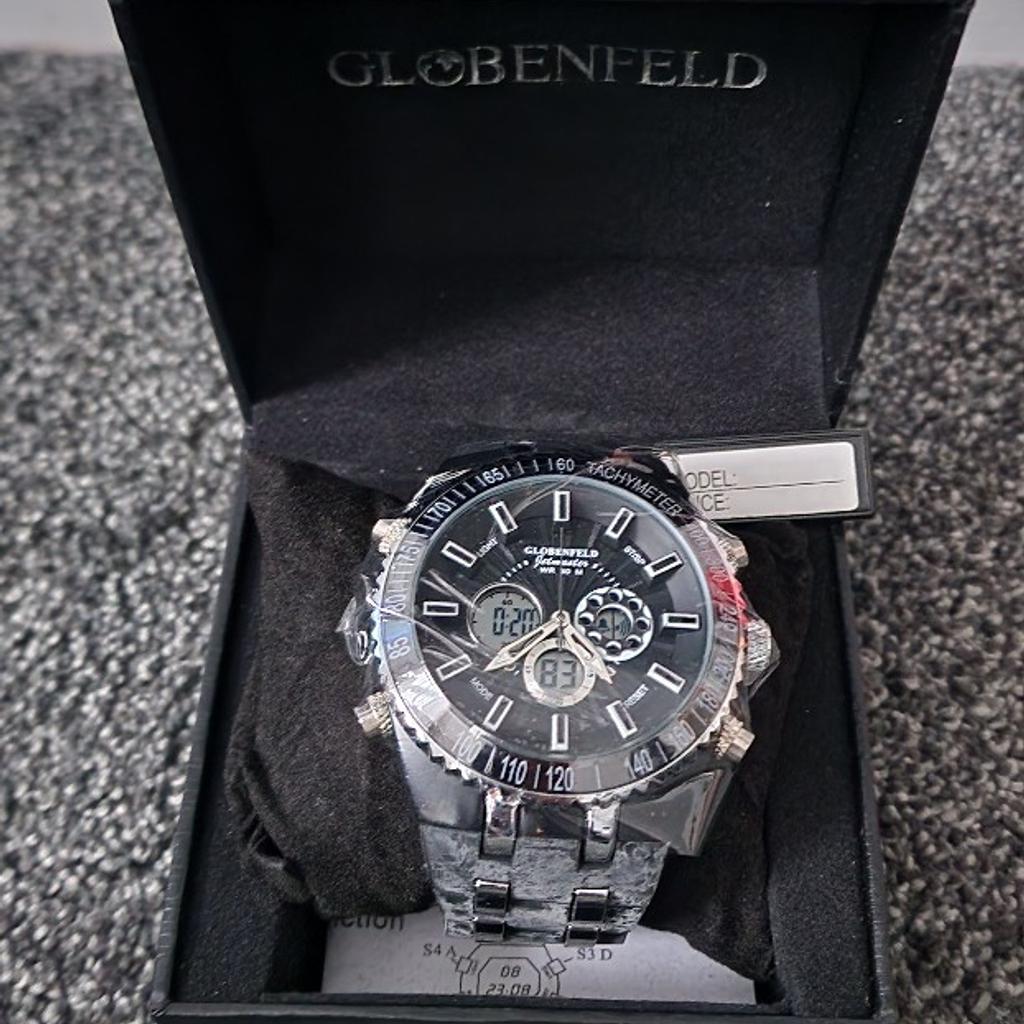 Brand New Globenfeld Jetmaster Black Rubber Strap watch

water resistant to 30m
12/24 time format
Day, date and month features
Alarm with chime
stop watch
watch back light function (for night vision)
textured jet black dial
scissor hands

NO OFFERS