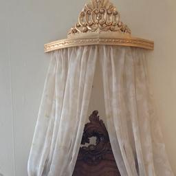 Stunning gold canopy. Screws to the wall. Beautiful piece. It has internal hooks for chosen voile to hook and drape. Suitable for any bed size. Can be used for a nursery above a cot/child’s bed. Cash on collection only not postage or PayPal sorry