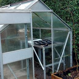 aluminium greenhouse good condition all plastic panels NOT GLASS complete with work tables  buyer to dismantle and take away