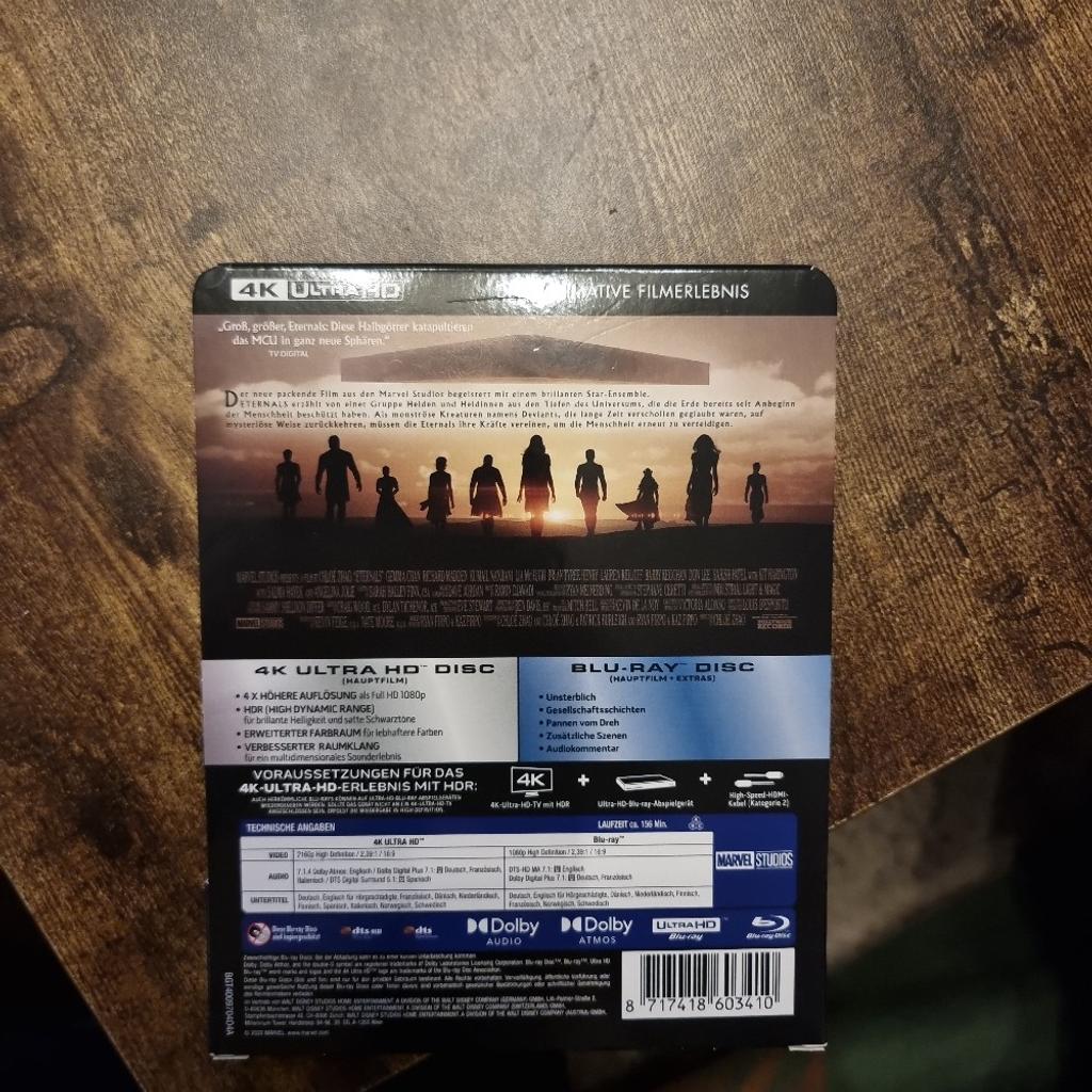 Verkaufe ein 4K UHD Blu-ray Steelbook aus dem Marvel Studios von "Eternails" keine Mängel siehe Bilder !!!

Versand oder Abholung !!!

Kein PayPal oder Tausch nur Überweisung oder Zahlung bei Abholung keine Nachnahme !!!

Privatverkauf !!!