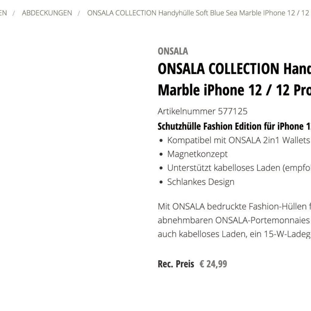 Hallo!
Ich verkaufe hier ein wunderschönes Onsala Fashion Hardcase
in der Farbe Soft Blue Sea Marble.
Passend für Apple iPhone 12 / 12 Pro.
Zustand: NEU / OVP / noch original verpackt und eingeschweißt
Neupreis beträgt 24,99€

- Kompatibel mit ONSALA 2in1-Geldbörsen
- Magnetkonzept
- Unterstützt kabelloses Laden (15 W empfohlen)
- Schlankes Design
- Premium Qualität
- Tasten voll zugänglich
- schützt die Rückseite u. Seiten vor Stößen u. Kratzern
- stoßdämpfend und langlebig

Bei diesen Bildern handelt es sich um eigene
Produktbilder von dieser Hülle!
Sie erhalten genau die Hülle die auf den Fotos abgebildet ist.

Bei Interesse oder Fragen können Sie mich gerne anschreiben.

Bezahlmöglichkeiten:
Zahlung in bar bei Abholung
Paypal oder Überweisung bei Versand
Versand als Deutsche Post Maxibrief für 2,75€ möglich

Bei Interesse für weitere interessante Angebote schauen Sie
auch mal in meine weiteren Artikel!

Da Privatverkauf keinerlei Garantie oder Rücknahme!