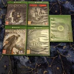 Selection of Xbox one games. Includes dishonoured definitive edition, evolve, watchdogs, thief and shadow of war (missing case page). Discs are in great condition and cases have no marks, breaks. Collection or delivery at buyers cost. Offers accepted on multiple items on