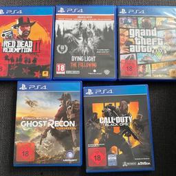 Verkaufe folgende Spiele für die Playstation 4.
GTA 5 - 15€
Red Dead Redemption 2 - 15€
Call of Duty CoD Blackops 4 - 15€
Dyin.g Light - 20€
Ghost Recon Wildlands - 10€

Bei Fragen gerne melden.