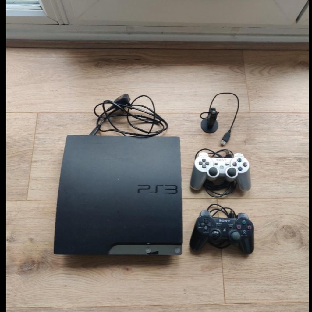 PS3 Slim Bundle
Console with power cable but no HDMI cable
2 controllers with charge cables
1 Sony PS3 headset

all in good or excellent condition

please note I have updated the harddrive on this console