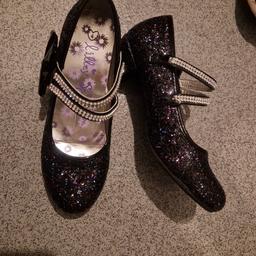 black sparkly heeled shoes with diamanté strap, velcro fastening