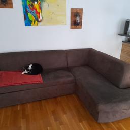Gut erhaltene Couch mit Kratzspuren an zwei Stellen, siehe Fotos. Ausziehbare Bettfunktion, Stauraum auf der kurzen Seite. Länge 230cm. Kann auch getrennt gestellt werden. Selbstabholung