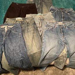 7 pairs of jeans for sale.
Levi’s twisted - size 28x30 blue
Minder Moto- 30x30 faded 
Blagger Moto -30 x 30 faded, ripped graffiti style
Abercrombie- size 16 on label. Match up to 30x30
Republic -30x30 black. Look new
Urban revolution - no size label. Approx 30x30 grey/blue faded
Phat farm - no size approx 30x30
All in smoke free environment 
Bargain buy