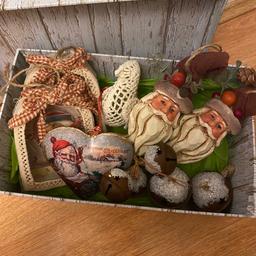 Box of vintage inspired Christmas decorations.
