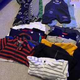 Large  variety of boys clothing aged 12-18 months, includes 

1 shacket 
2 waterproof coats
1 best
1 swim outfit
4 long sleeve T-shirts
3 shirts (1 long sleeve, 2 short sleeve) 
7 shorts 
3 dungaree outfits
6 joggers/cords
6 jumpers/zip hoodies
5 short sleeve rompers
18 short sleeve T-shirts 
1 woollen mittens 

Variety of shops including next, Asda, boots

Collection B35