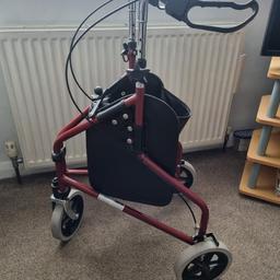 tri walker, folds flat, adjustable height handles, zipped bag for storage.
Used only indoors.
Sold as seen, no extras.
Collection Rainham Essex