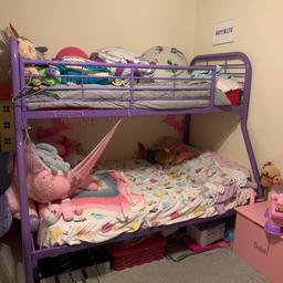 Purple bunk beds for collection only please 
We will take down for you 
Double at the bottom 
Single at the top 
Ladders do come with it also just taken off as my youngest keeps climbing them