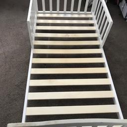 White wooden toddler bed from Aldi. In good condition, some paint has worn away at the bottom of one leg but as it’s wooden it could easily be touched up with paint. No mattress, bed frame only. Collection only, ideally need gone asap.