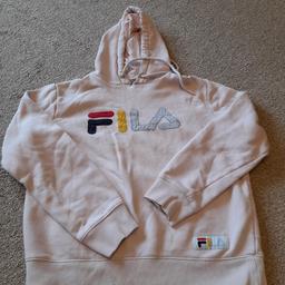 Ladies Fila Pale Pink Hoodie XS. Fit size 8. Used with some bobbling underarms, a little stitching coming away at neck, see photo but plenty life left in this stylish hoodie. FILA colourful logo across front, long sleeved and toggle fastening on hood. No pockets. From smoke and pet free home, check out my other items. Happy to combine postage for multiple purchases or collection from DL5. Thanks for looking.