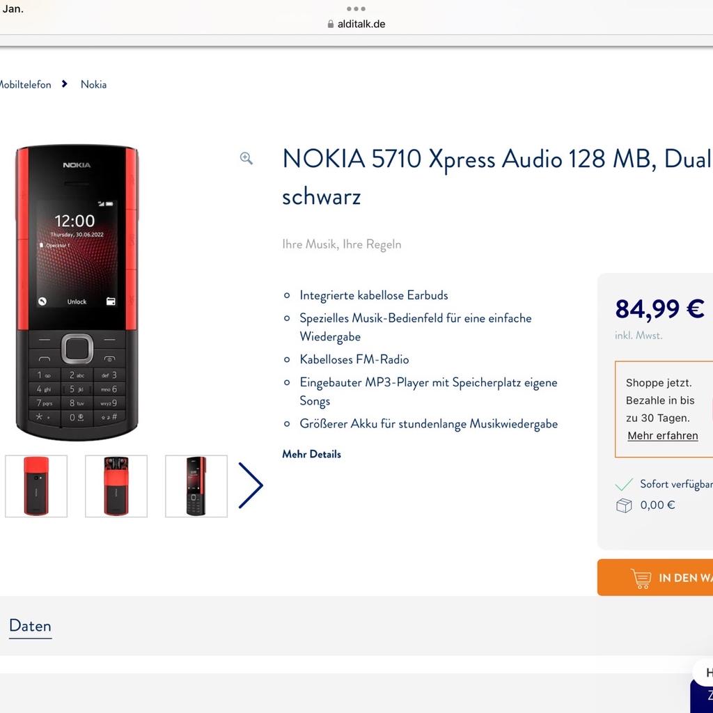 Hier verkaufe ich eine Nokia 5710. Das Nokia ist neu und wurde noch nie benutzt. Nur einmal ausgepackt zum anschauen. Und eine Telefon Simkarte in Wert von zehn Euro ist auch dabei viel Spaß dabei Das Handy ist von Aldi wie gesagt, eine Karte ist dabei