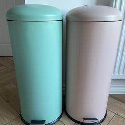 2 30litre pedal bins, green one in great condition, pink has stain on front and rust on the inside of lid and handle of inside bin. Crack on inside bin and small hole in the bottom of the green one. Usable bins. Will deliver if local to Leeds 12 or 18.