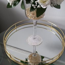 A beautiful flower arrangement in tall stemed vase with champagne crystal beads , also the large round mirrored tray , would look great in most rooms , NEW , COLLECTION ONLY