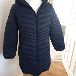 ladies lightweight padded coat with hood. size 16 Navy. hardly worn.  Great coat for spring as not too heavy.  2 sude pockets and inside pocket. will accept £10