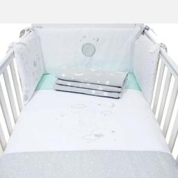 Lullaby Moon Bedding Bundle (Mothercare).


Includes-


Green sheet (first image)

Moon & star fleece blanket (first image)

Thin cover (first image)

Cot bumpers (first image)

Cot pockets x2

4 tog quilt

Matching cot mobile


All in immaculate used condition


From a pet & smoke free home


(Neutral colours suitable for a girl or boy)