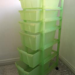 Excellent Condition. On wheels.. 3 deep drawers 3 shallow. Stacked and layers can be removed. Approx 38" tall x 14" deep x 12" inches wide. Holds A4 paper. Perfect for bathroom or bedroom or beauty nail bar. Buyer collects or very local delivery £4.