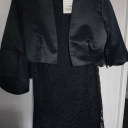 Blk lace lined dress lace sleeves abit stretchy worn once would fit size 14. Length from shoulder to bottom 39inchs vgc.
New blk satin bolero jacket NEW not worn was £20 , has bell sleeves bow detail at back lovley on size 14. price for both. Nice with trousers.
collection only