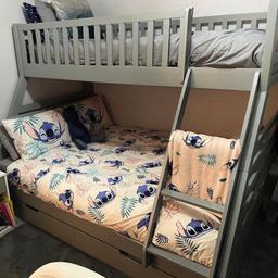 Grey Wooden bunk beds
Double on the bottom and single on the top
Includes 2 storage draws underneath
Used but lots of life left (2 years old)
Dimensions in last picture
Includes both double and single Mattresses
Viewings welcome as will not be dismantled until brought.
Collection only (won’t fit into a car)