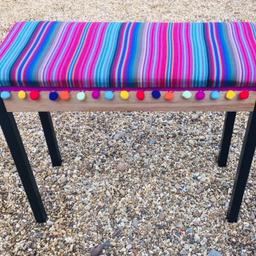Yamaha Piano Stool / Bench
Up-cycled to a retro quirky funky style
Multi coloured 
Pom pom trim
Fabulous statement piece
Length : 27”
Width : 12”
Height : 22”