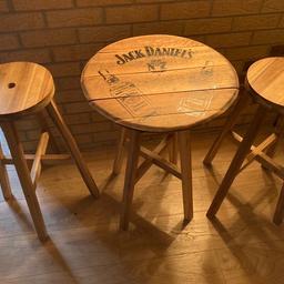 Oak barrel top jack daniels printed table with 2 stools