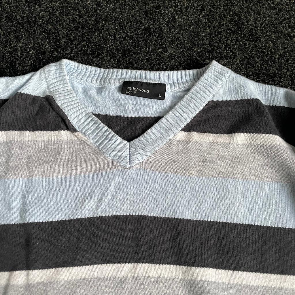 Blue striped v neck jumper. Good condition. It is a large size but it is very tight large- fit on a medium. Get back to me fore more photos or information