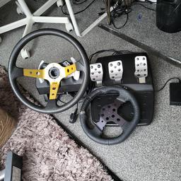 wheel and Pedals with custom sturdy deep dish wheel. also original wheel which can be put back on with faceplate if needed.

need space so will sell for good price at shown.

works with Xbox S, X and PC