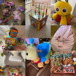 Lovely bundle of expensive Lamaze baby sensory toys also a baby bean bag and caterpillar rocker this alone is selling for £60 an activity wooden cube is included aswell. 
£10 for the lot one toy couldn’t be brought for this a real bargain 

Collection dy3