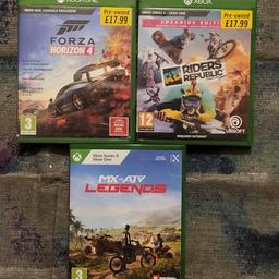 Xbox one games/ £15 each or all 3 games for £40 pounds 

I've got 3 xbox one games all clean like new here for sale 

forza horizon 4

riders republic

mav vs atv legends

£15 pounds each or all 3 games for £40 pounds cash