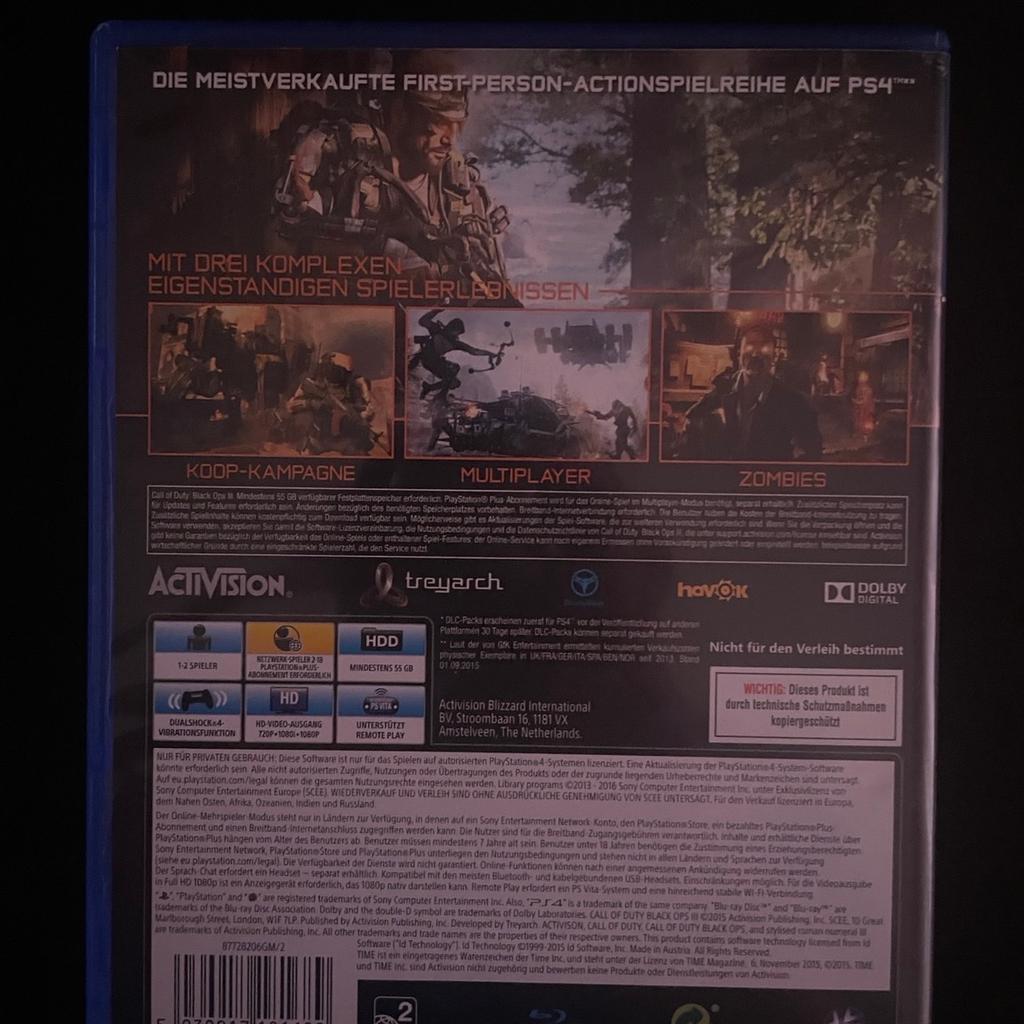 Ich verkaufe mein gut erhaltenes Call of Duty: Black Ops 3 (Playstation 4)
Das Spiel hat keine Kratzer auf der Rückseite, Top Zustand. Kein Verkauf an Minderjährige. Wer fragen hat kann mich gerne kontaktieren. Abholung & Versandt sind möglich, aber ich bevorzuge Abholung, Preis ist VB, bei Versand kommen die Versandkosten noch dazu. Wer Interesse hat kann sich gerne melden.
Liebe Grüße Tobi✌🏼