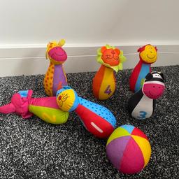 Galt Baby Animal Bowling Set - 6 skittles & 1 ball. Brightly coloured & they jingle. Great for baby sensory & motor skills. Good condition. Pet/smoke free home. Collection only. REDUCED PRICE