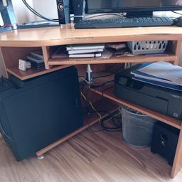 Corner desk, depth 100cm, width 120 cm. 4 shelves . Good condition, only the edges peel off a little bit. £35