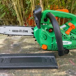 Superb Hawksmoor 25cc 12" (30cm) top-handle petrol chainsaw. Specifically engineered for off-ground work, the compact and lightweight nature of this design makes it especially suited for working in trees. Weighing at just 3.8kg, with a compact 12” bar, it makes easy work of pruning branches.

Quality manufactured with a powerful 25cc engine, giving a smooth operation and high chain speed, together with a superb Oregon bar & chain. Features an advanced anti-vibration design and an anti-slip grip for user convenience and comfort. Also features auto chain oiling, professional side-located chainsaw tensioning for easy adjustment, and a soft-pull recoil for easy starting. For safety, it includes a kickback guard, chain brake and chain catcher.

As-new condition, mechanically 100%, fully sharp chain and ready to work. Comes complete with guard for easy transport and storage. Fantastic machine, priced to sell at £65, collection only from Blackpool, Lancs.