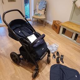 Weight recommendation: (Birth) 0-22kg

2 Way Facing

Soft, padded seat

Fully flat recline

2-position leg rest

Folds with pushchair seat attached

Ultra-compact gravity fold

Automatic fold lock

Height adjustable handle

UPF 50+ sun canopy

Spacious shopping basket

Removable and pivoting bumper bar

All-wheel suspension

Front swivel lockable wheels

Single-step, ShoeSaver brake

SoftTouch, 5-point harness

Carrycot

Colour: navy

Suitable from birth - 6 months

Fits with just one easy click – no adapters required

Baby soft lining and full cot cushioning

Adjustable handle

Removable and washable fabrics

Reversible mattress with baby changing facility

Non-slip feet on base

UPF 50+ sun and water repellent canopy

Comes complete with a tailored rain cover

Car Seat

Colour: navy

Suitable from birth to 13kg/29lbs

Group 0+

Attaches directly to all Joie pushchairs with the exceptions of the Nitro (adapters are required for use