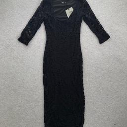 Size 8
ASOS black stretch lace midi dress
Round neck with 3/4 length sleeves

Brand new with tags