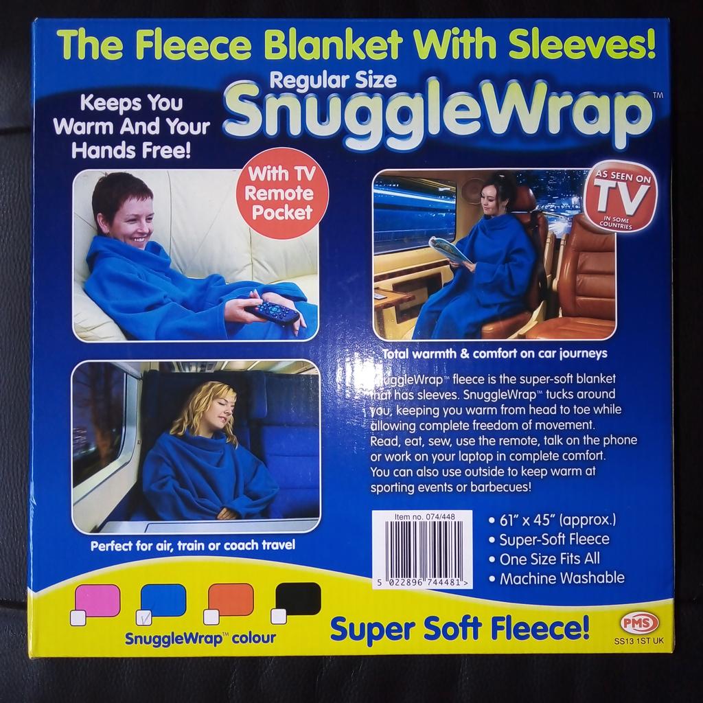 Snugglewrap - Blue Fleece Blanket with Sleeves - boxed and unused
This was bought for a relative, but never used. It is super soft fleece, it comes with sleeves and allows your hands to be free for other activities. It is in it's original box, still wrapped in plastic. It is worn similar to a robe and wraps around the body. It is an adult regular one size fits all. It is machine washable.
It is perfect for air, car, train and coach journeys, as well as for watching TV whilst keeping the heating bill down.
Measures 61 inches by 45 inches approx.
Collection from Harlington, between Hayes and Heathrow.