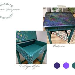Upcycled bureau in dark turquoise.
Peacocks
Decoupage
This vintage bureau / writing desk has been lovingly restored and would make a great focal point in any room. In addition to looking good, it is a practical piece of furniture that offers ample storage by means of a large cupboard area.
Hand painted.
Dimensions
H75cm
D44cm
L61cm
Collection from Walthamstow E17