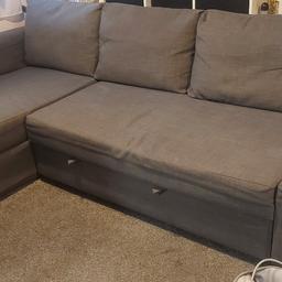 lovely l shape sofa bed, super easy to pull out into a bed. has been professionally cleaned and taken apart for easy transport and space. it does have a slight crack in the bottom of the storage, doesn't effect use or what you put in it.