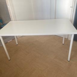 Hiya 

This is a computer desk I used as a normal dining table. Some signed of wear and tear as pictured. 
But generally clean white with a few scuffs 
Measures 150cm length 75cm wide and has already been dismantled. Legs screw on easily