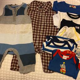 Mothercare knitted dungarees New Baby - VGUC
Tiny tatty teddy Sleepsuit Newborn - well used
Two Bluezoo bodysuits Newborn - VGUC
GAP shirt romper 0-3 - VGUC
Junior J by Jasper Conran white T-shirt 0-3 months- VGUC
F&F long sleeved top I don’t think ever worn 0-3
Unbranded blue Italy T-shirt 0-3 months - VGUC

Smoke and pet free home