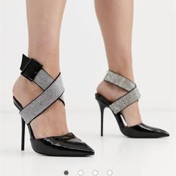 ASOS DESIGN Provoke embellished stiletto heels in black patent. Odd one or two diamonds have come off but you can hardly tell still brand new