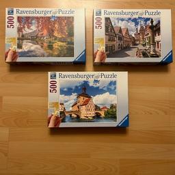Ich verkaufe drei Puzzle mit großen Einzelteilen jeweils 500 Teile.
Thema
- Mühle am Blautopf
- Rathaus Bamberg
- Rothenburg ob der Tauber
Nichtraucherhaushalt, Privatverkauf.
Versand zahlt der Käufer
Je Puzzle 8€
Bei Abnahme von allen drei ist der Gesamtpreis 22€.