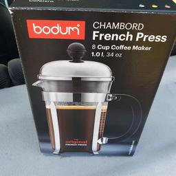 New BODUM Chambord 8 Cup French Press Coffee Cafetiere Maker, Chrome, 1.0 Litre

Features
Makes 8 Cup
Made from heat resistant borosilicate glass
Chrome plated frame
Patented Safety Lid
Stainless Steel Filter Parts

HOW TO USE: Place coarsely ground coffee beans into the glass jug. Pour hot water over the coarsely ground coffee beans and let it steep for 4 minutes. Slowly press the coffee plunger with stainless steel filter down. Your gourmet coffee is ready!

MULTIPLE USES: Use the cafetiere to make espresso, chai latte, cappuccino, americano, and mocha in the comfort of your home. It's also excellent for loose tea leaves to brew your favourite tea.

RRP £54.00

Four available

Collection Bedford or MK

L4UQ