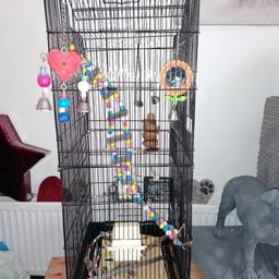 Lovely looking black bird cage and excessories if needed
No tray at the bottom but always used it with out a problem. 
Buyer. To collect or could deliver for small fuel fee if local.